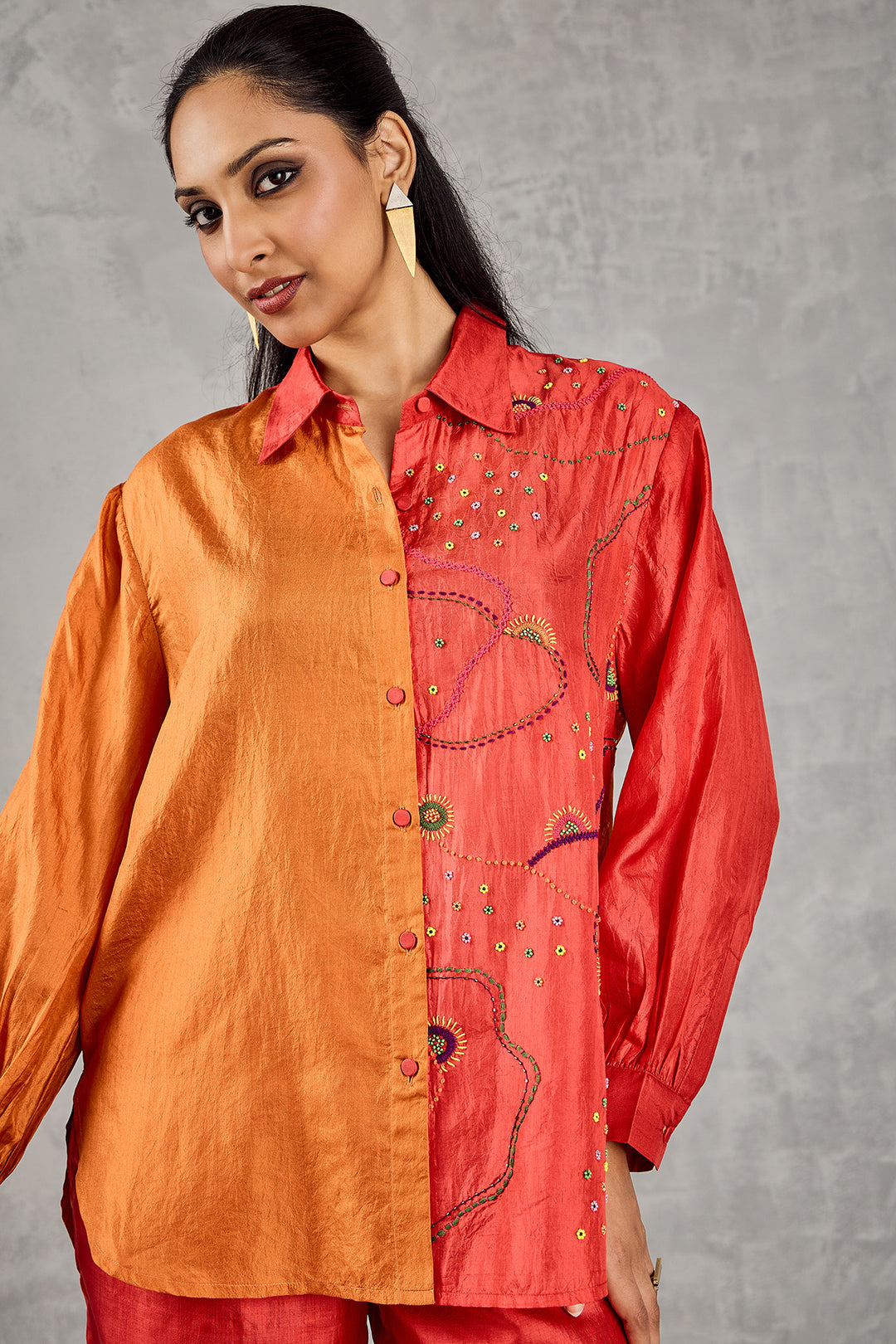 BURNT ORANGE AND RED COLOURBLOCK EMBROIDERED SHIRT
