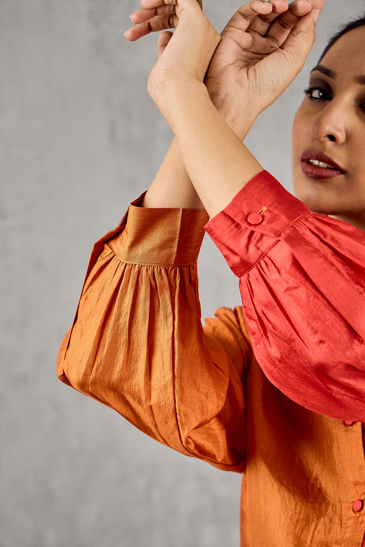 BURNT ORANGE AND RED COLOURBLOCK EMBROIDERED SHIRT