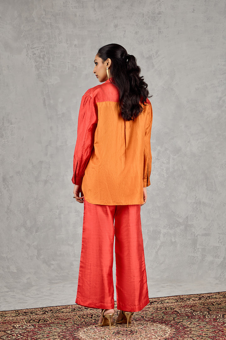 BURNT ORANGE AND RED COLOURBLOCK EMBROIDERED SHIRT