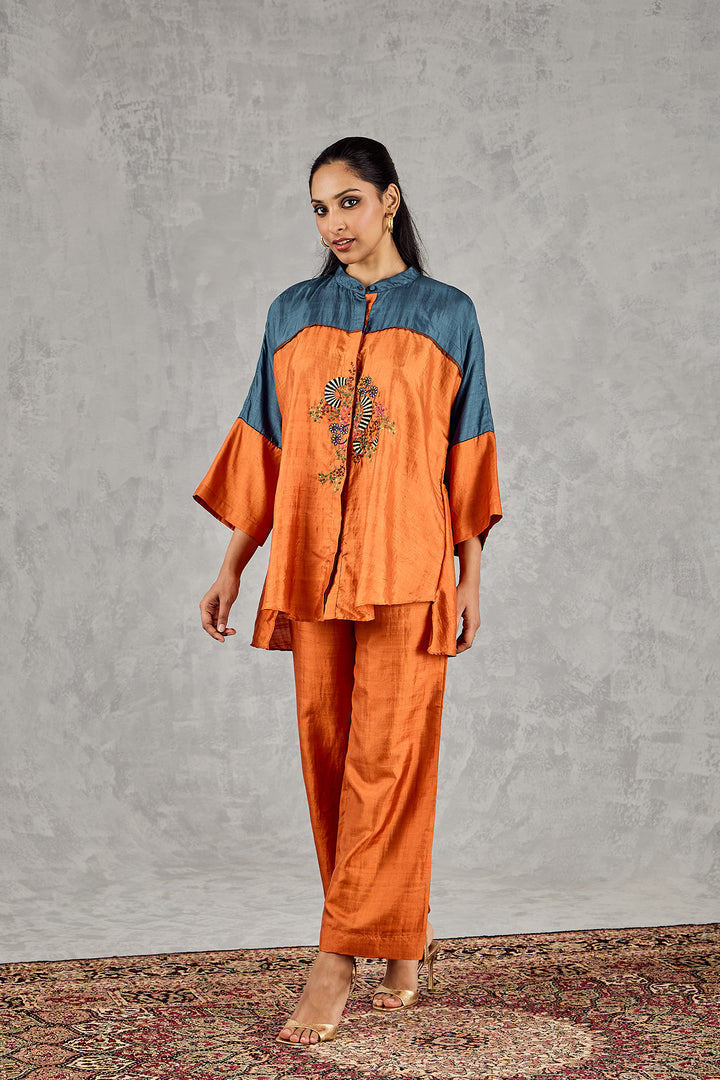 BURNT ORANGE AND BLUE COLOUR BLOCK NAMAH TUNIC SET