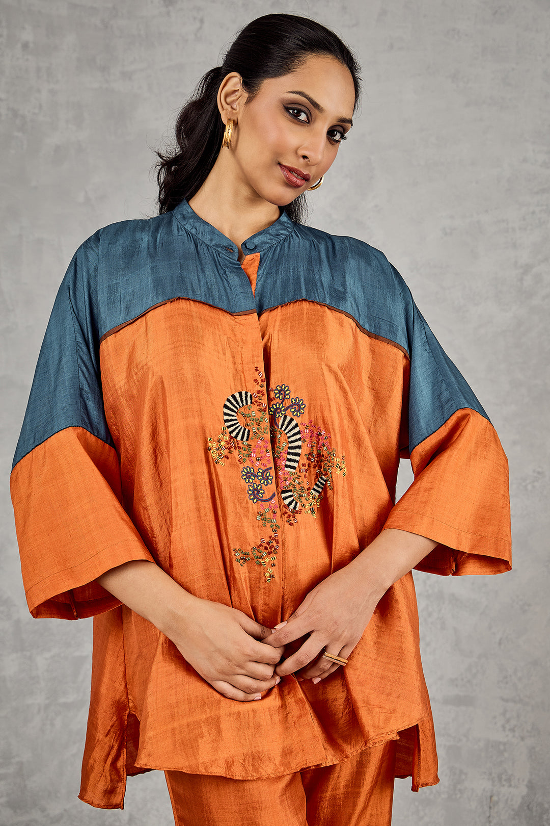 BURNT ORANGE AND BLUE COLOUR BLOCK NAMAH TUNIC SET