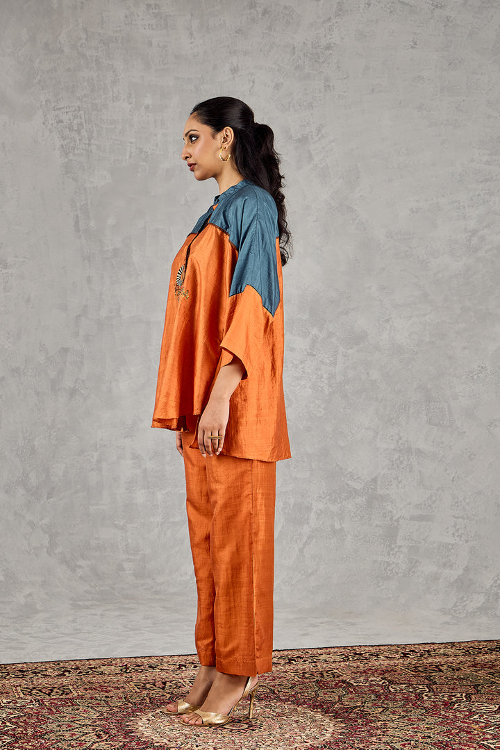 BURNT ORANGE AND BLUE COLOUR BLOCK NAMAH TUNIC SET