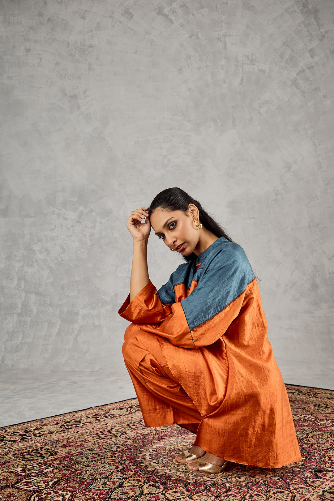 BURNT ORANGE AND BLUE COLOUR BLOCK NAMAH TUNIC SET