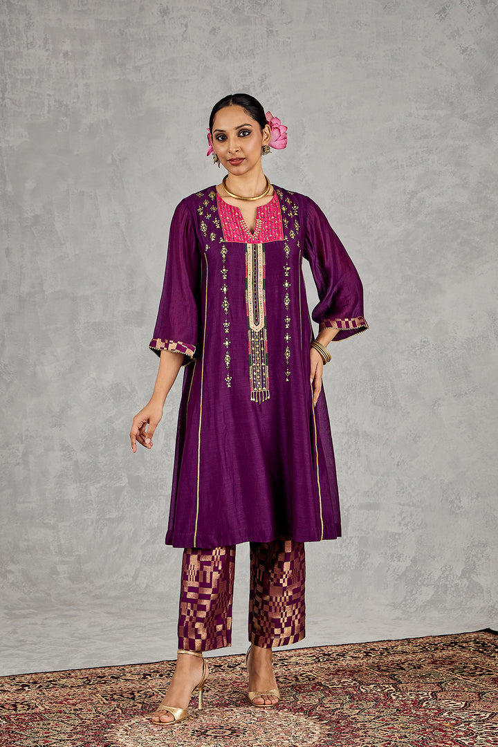 PURPLE LONG YOKE EMBROIDERY KURTA SET