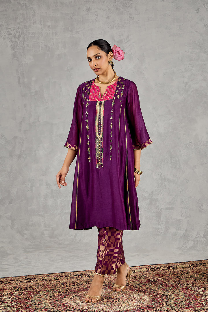 PURPLE LONG YOKE EMBROIDERY KURTA SET