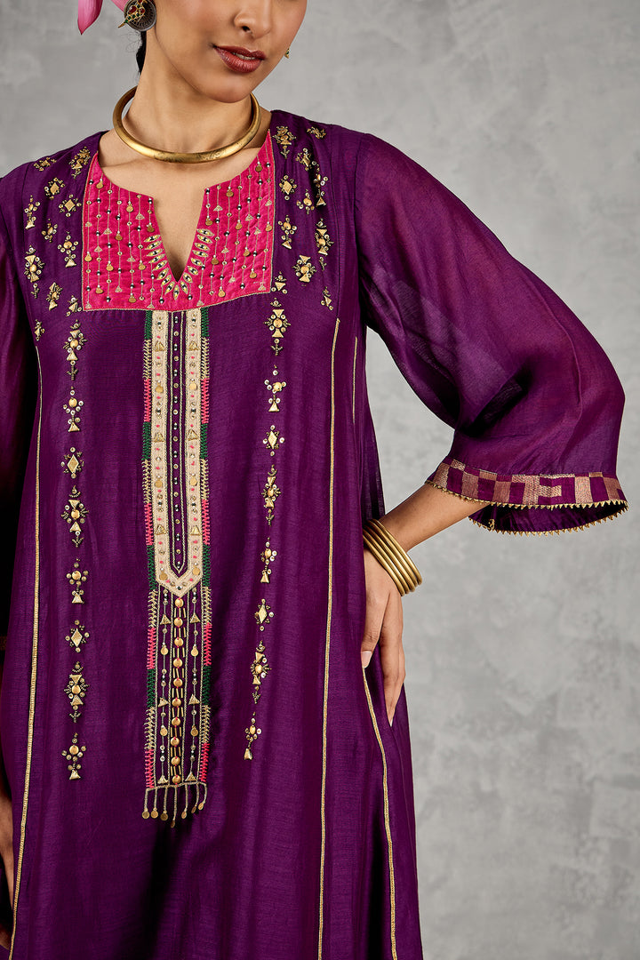 PURPLE LONG YOKE EMBROIDERY KURTA SET