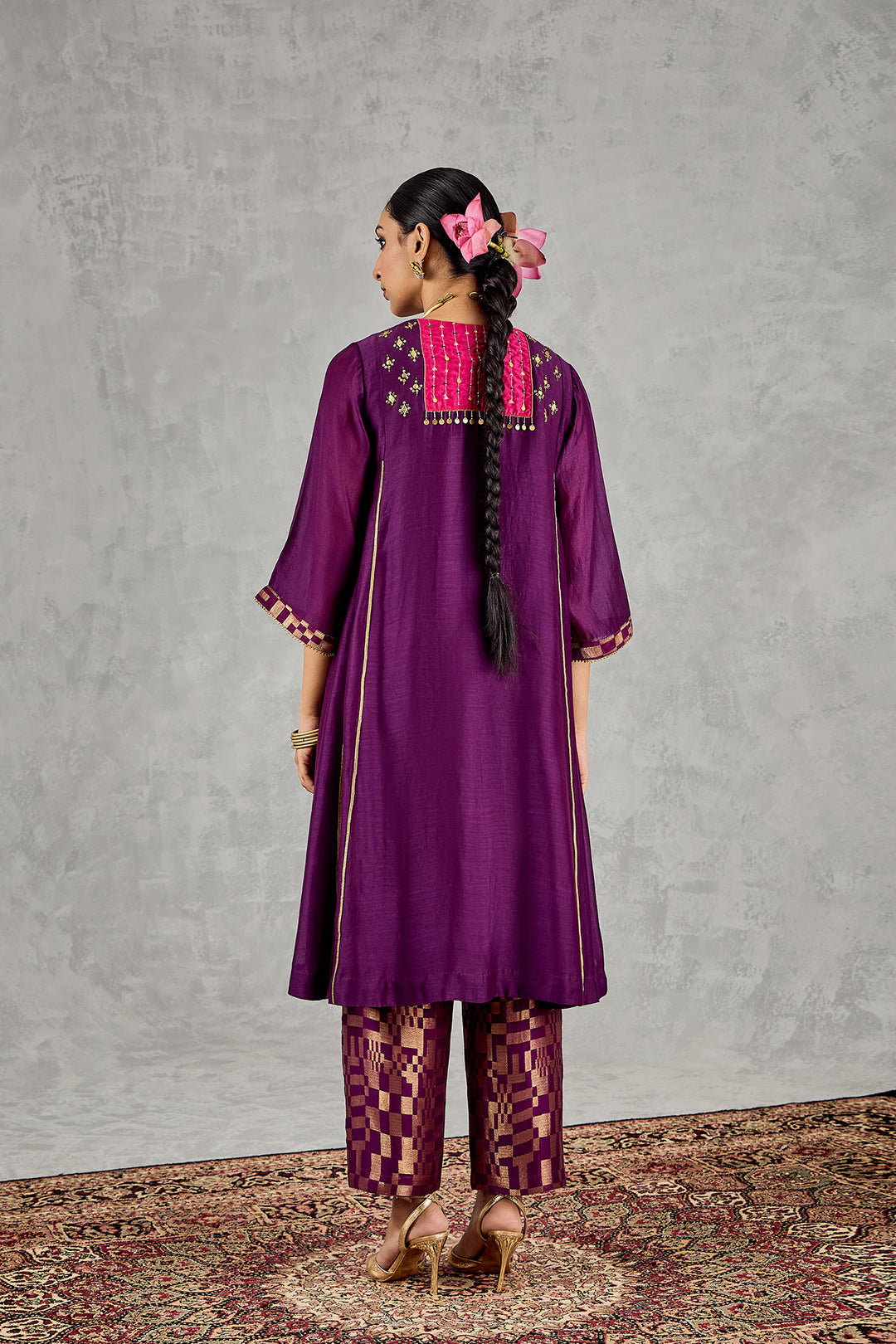 PURPLE LONG YOKE EMBROIDERY KURTA SET