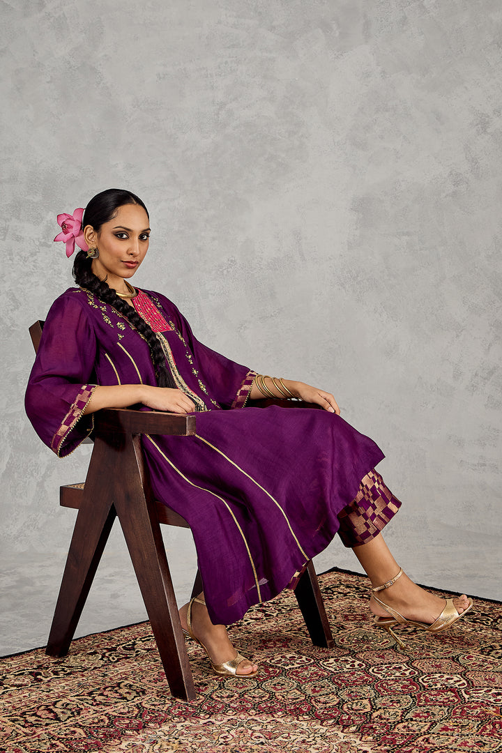 PURPLE LONG YOKE EMBROIDERY KURTA SET