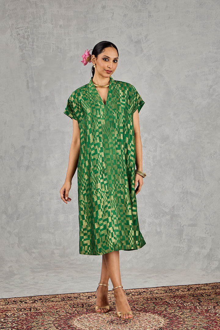 GREEN CHECK V-NECK LONG DRESS