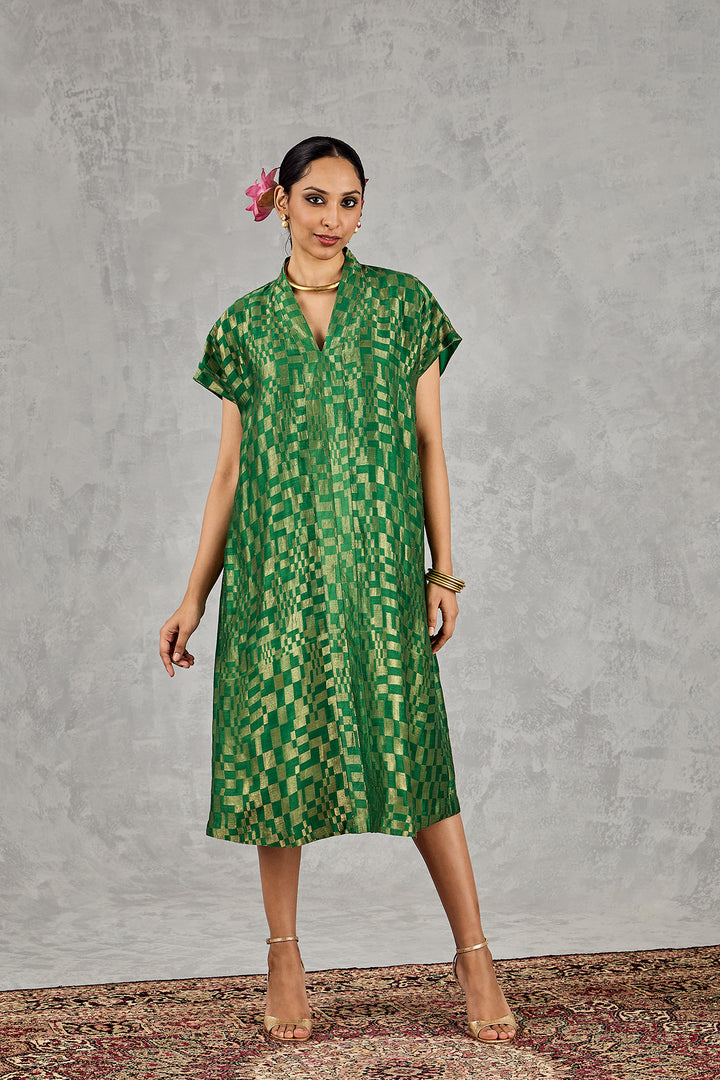 GREEN CHECK V-NECK LONG DRESS