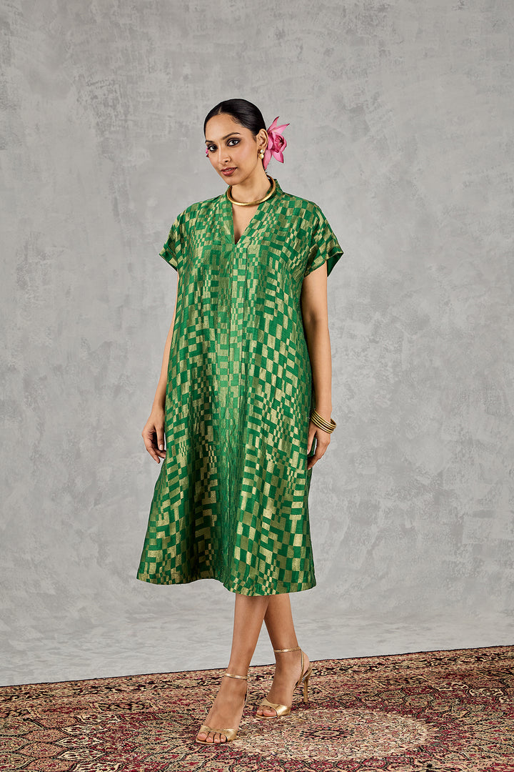 GREEN CHECK V-NECK LONG DRESS