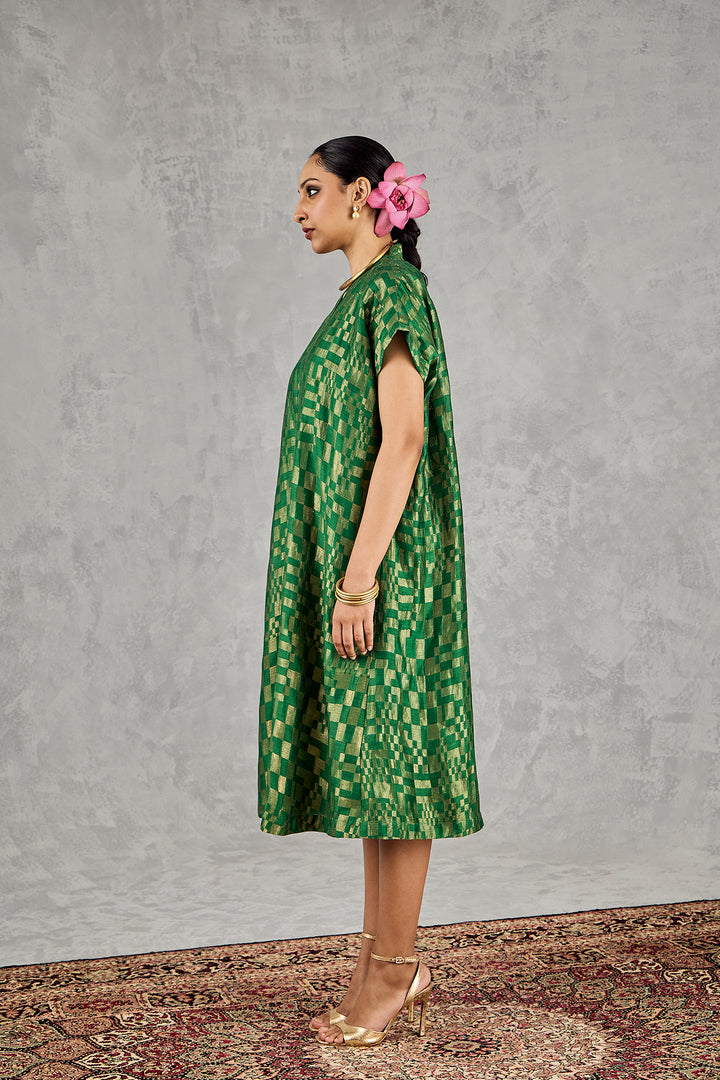GREEN CHECK V-NECK LONG DRESS