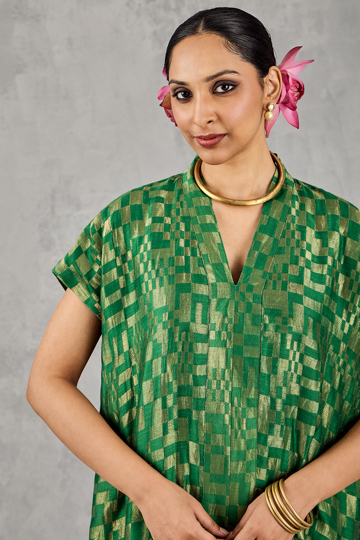GREEN CHECK V-NECK LONG DRESS