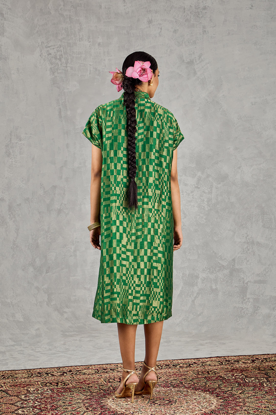 GREEN CHECK V-NECK LONG DRESS