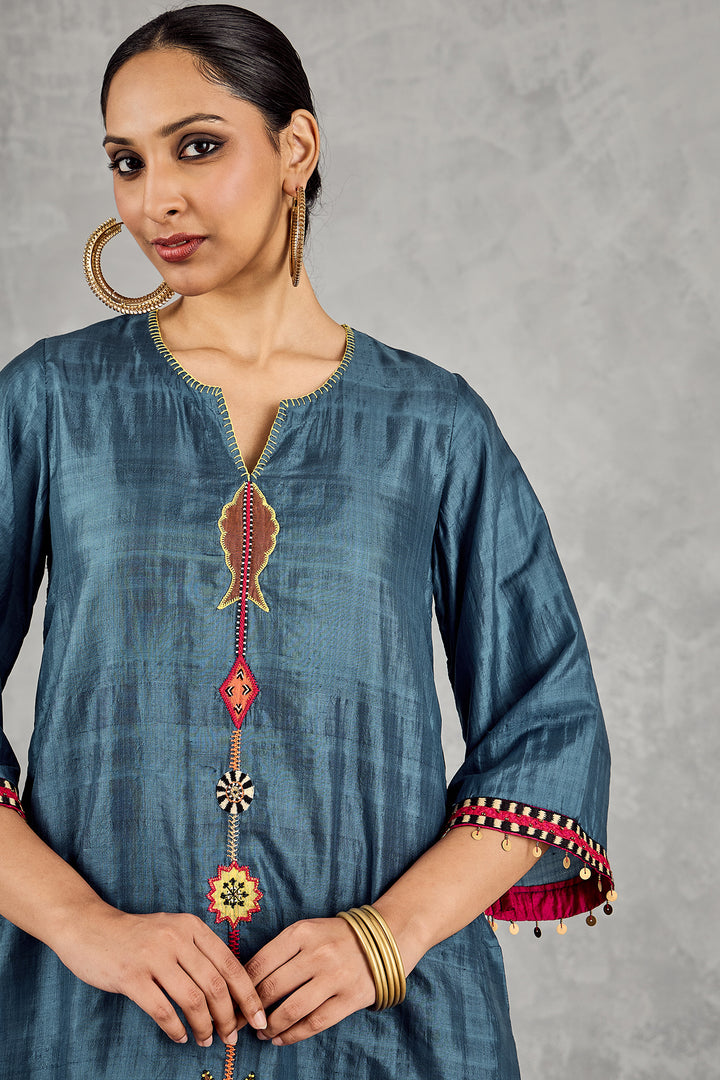 BLUE FISH PATCH EMBROIDERY SHORT TUNIC SET