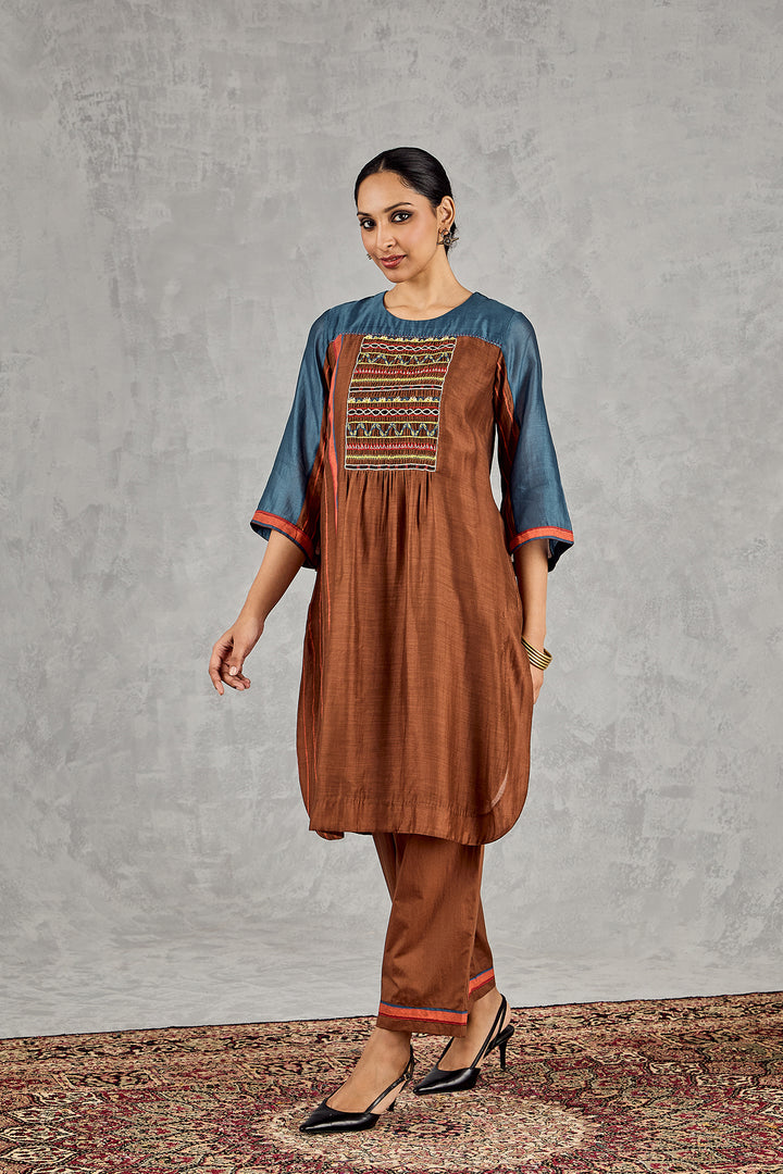 BROWN/BLUE COLOURBLOCK TUNIC SET