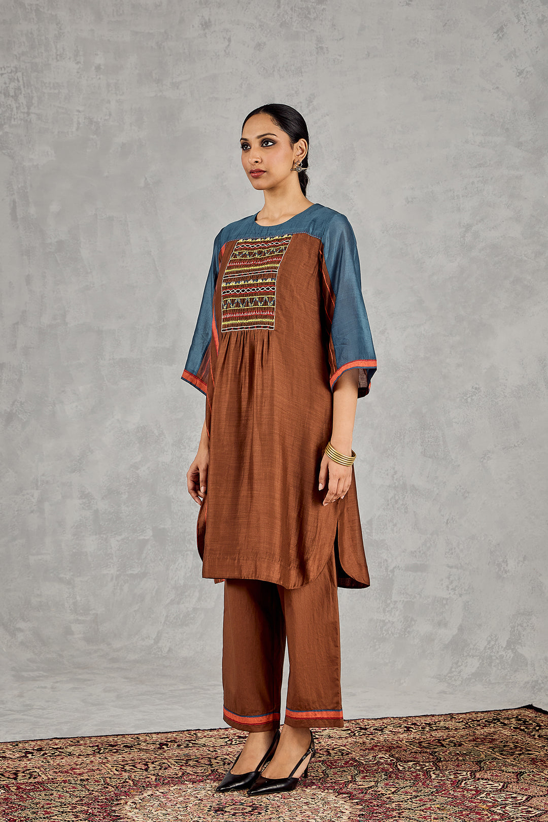 BROWN/BLUE COLOURBLOCK TUNIC SET
