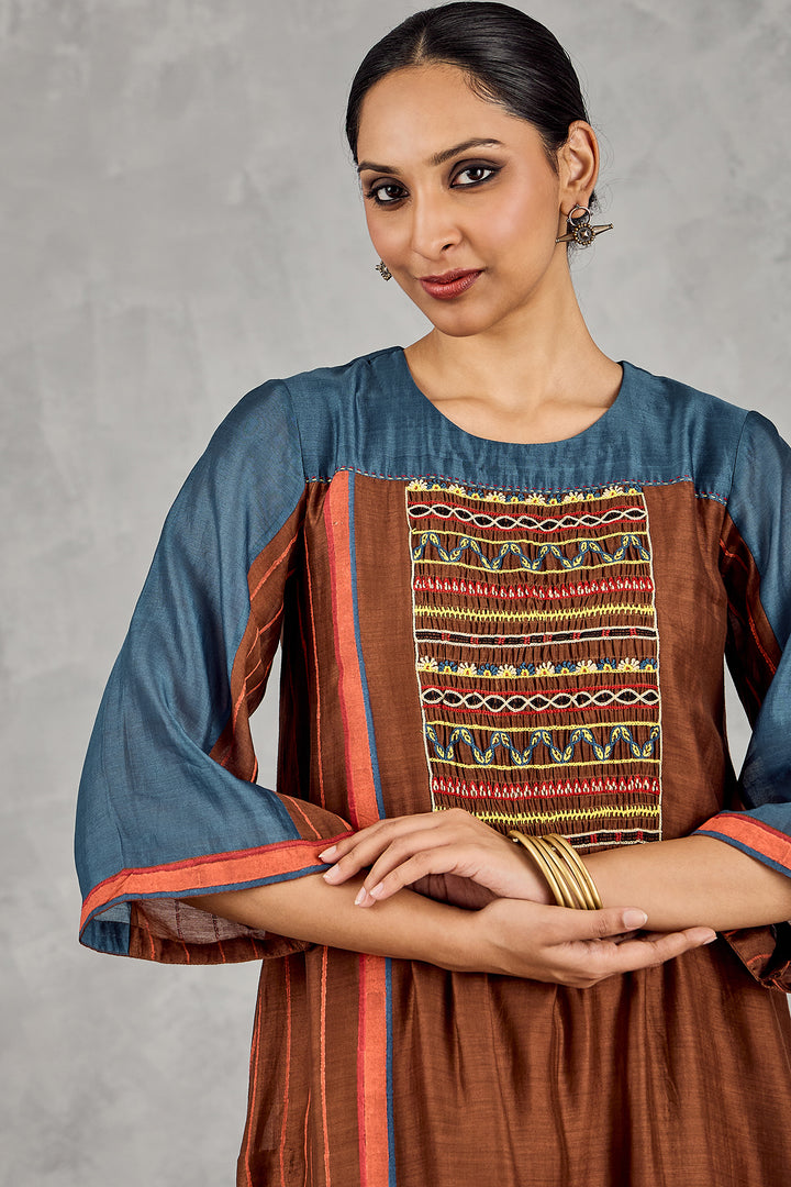 BROWN/BLUE COLOURBLOCK TUNIC SET