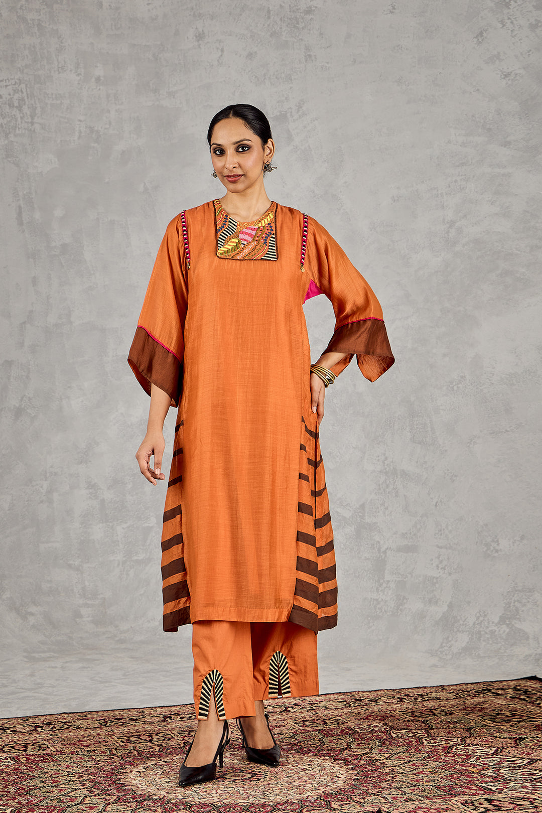 BURNT ORANGE SHORT ABSTRACT EMBROIDERY YOKE KURTA SET