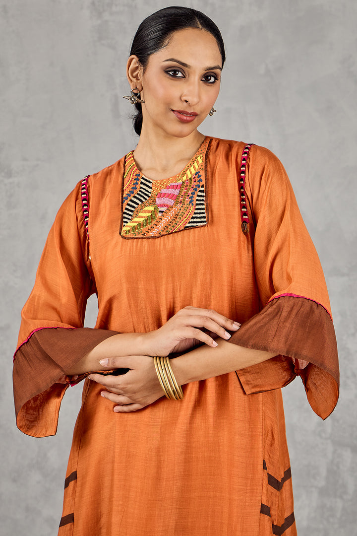 BURNT ORANGE SHORT ABSTRACT EMBROIDERY YOKE KURTA SET