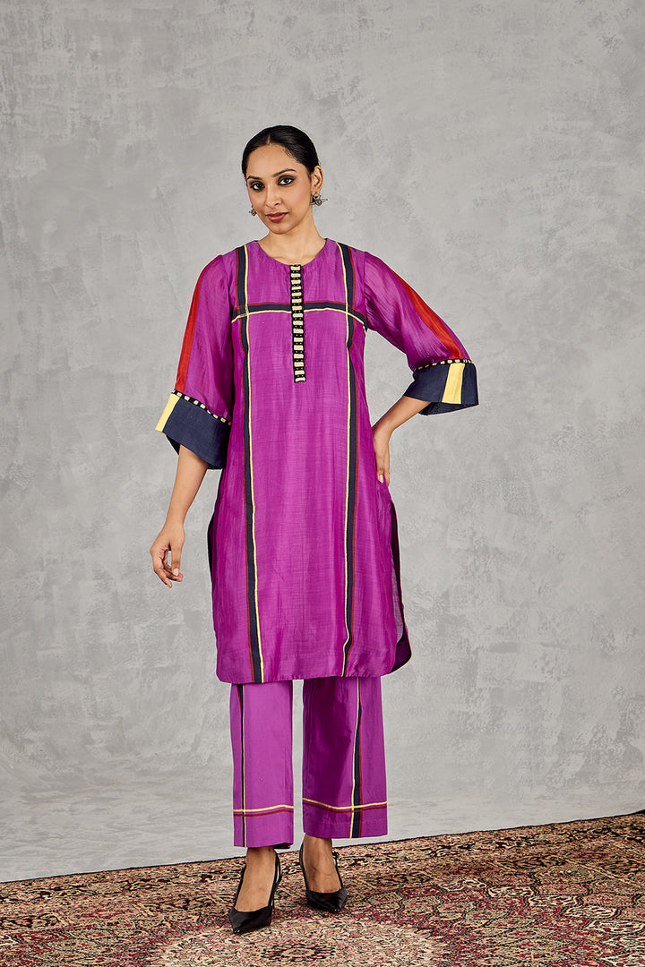 PURPLE THREE COLOUR STRIPE TUNIC SET