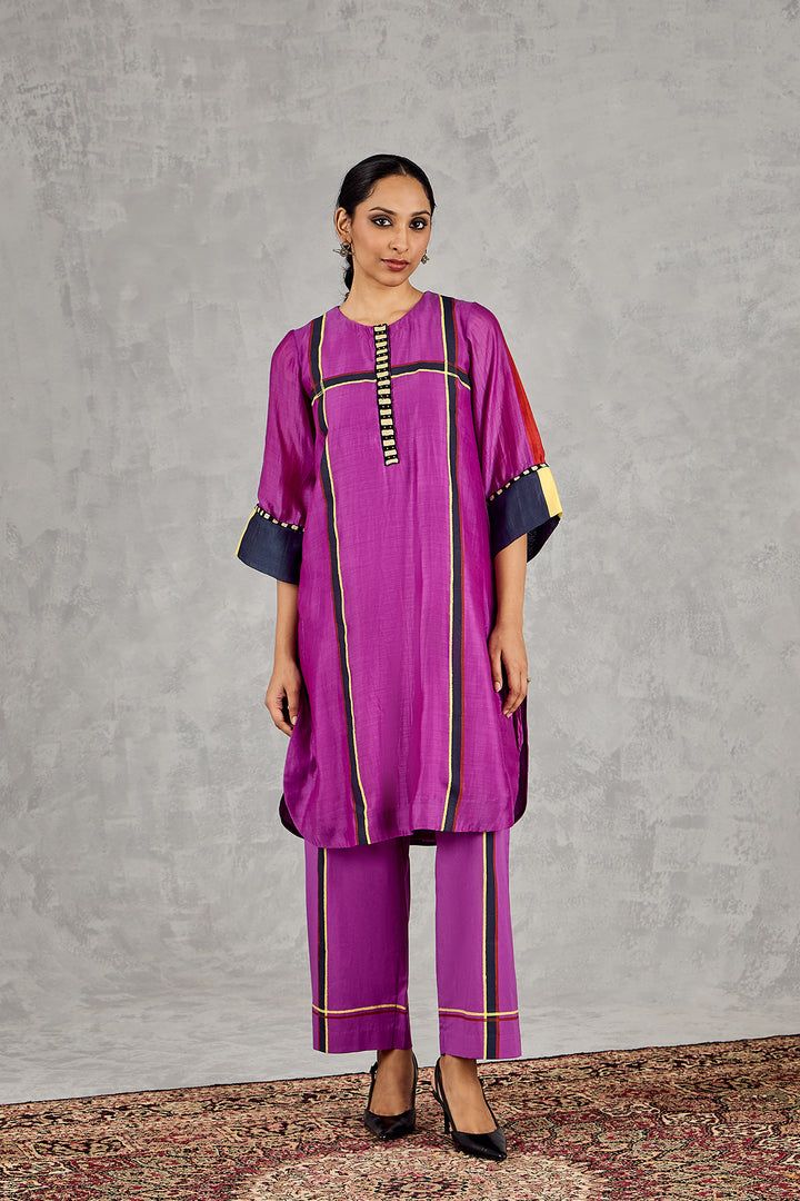 PURPLE THREE COLOUR STRIPE TUNIC SET