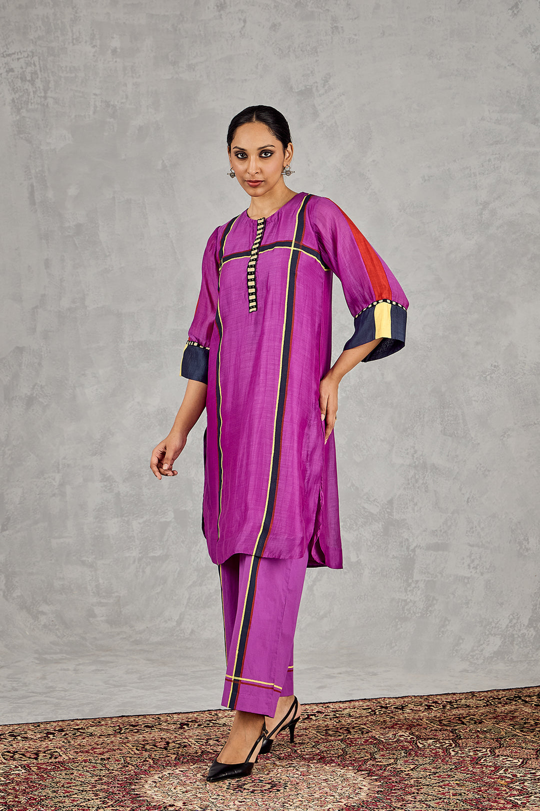 PURPLE THREE COLOUR STRIPE TUNIC SET