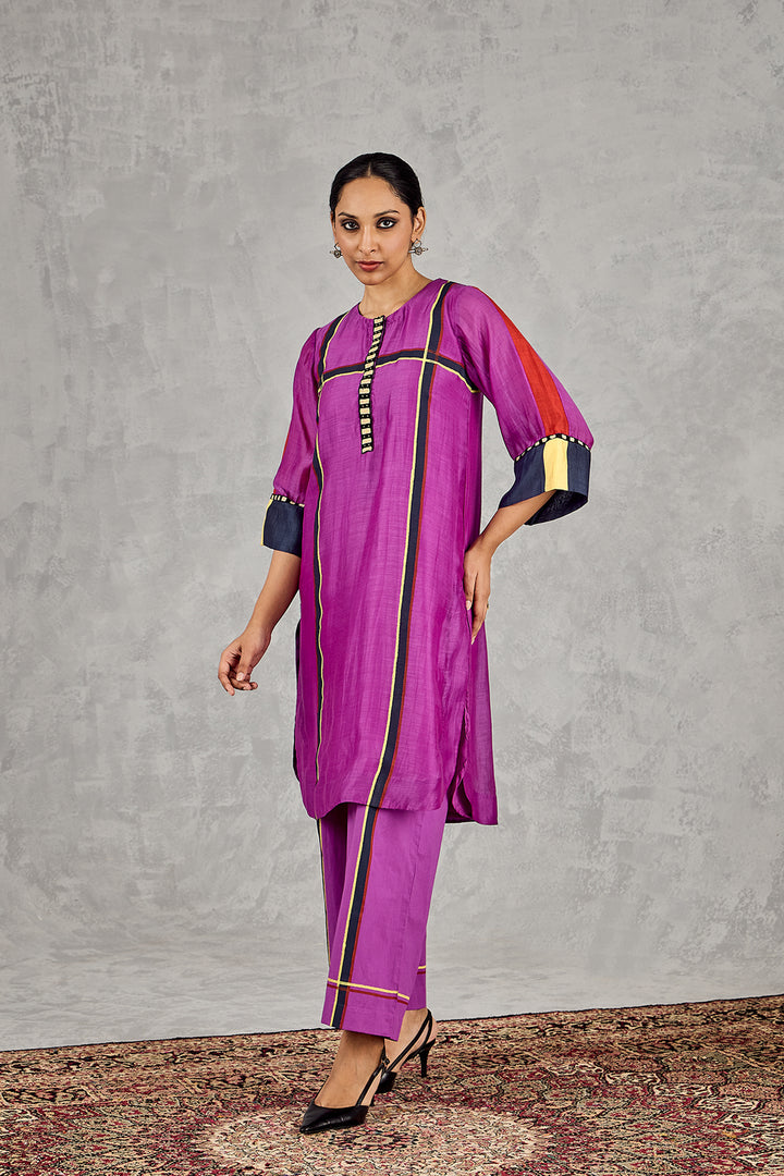 PURPLE THREE COLOUR STRIPE TUNIC SET