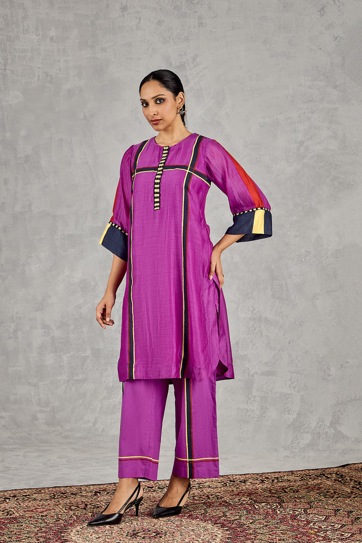 PURPLE THREE COLOUR STRIPE TUNIC SET