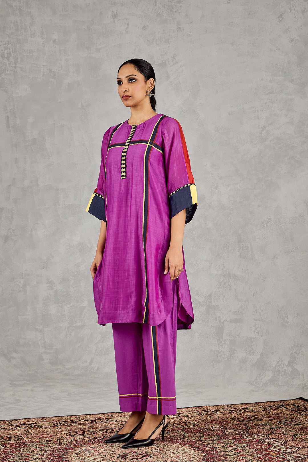 PURPLE THREE COLOUR STRIPE TUNIC SET