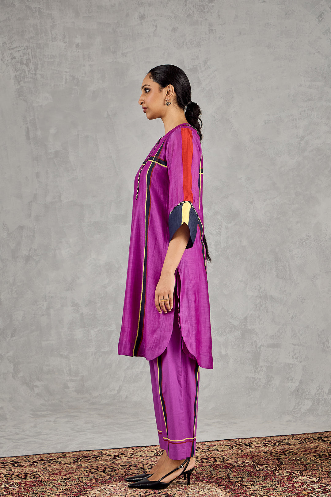 PURPLE THREE COLOUR STRIPE TUNIC SET