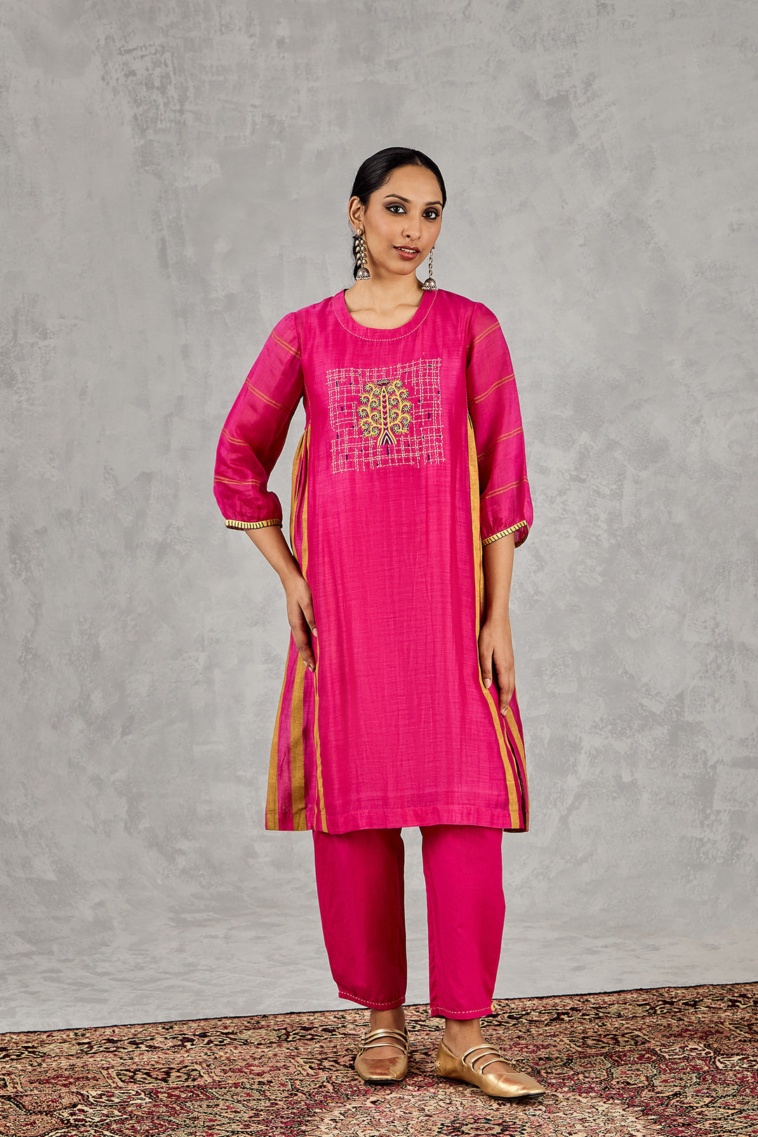 HOT PINK TREE EMBROIDERY KURTA SET
