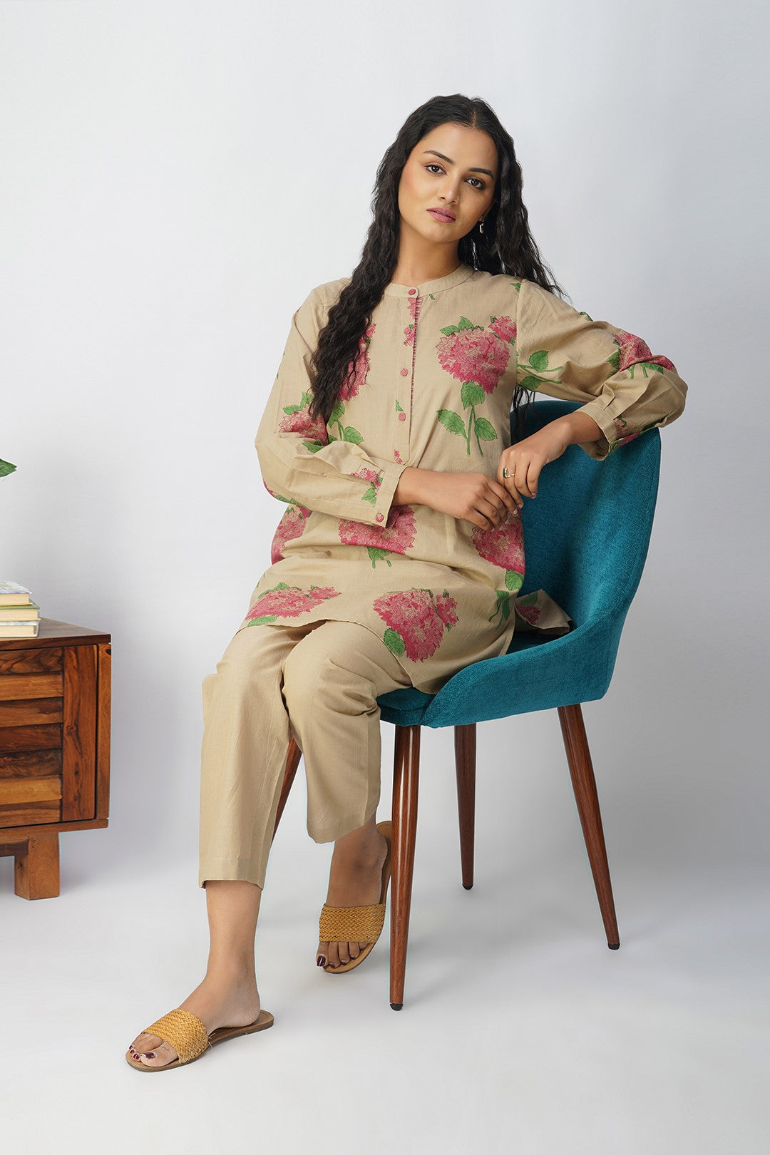 Pink Hydrangea Tunic With Plain Pants