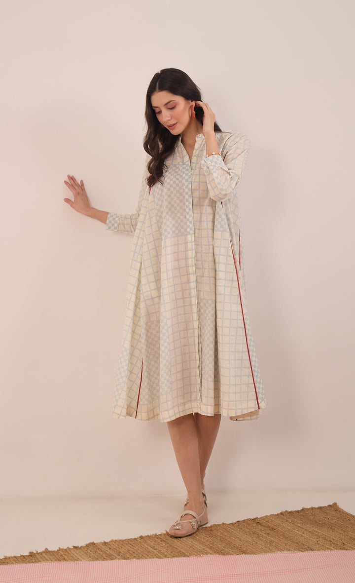 SHEEN: COTTON BLUE CHECK MIDI DRESS