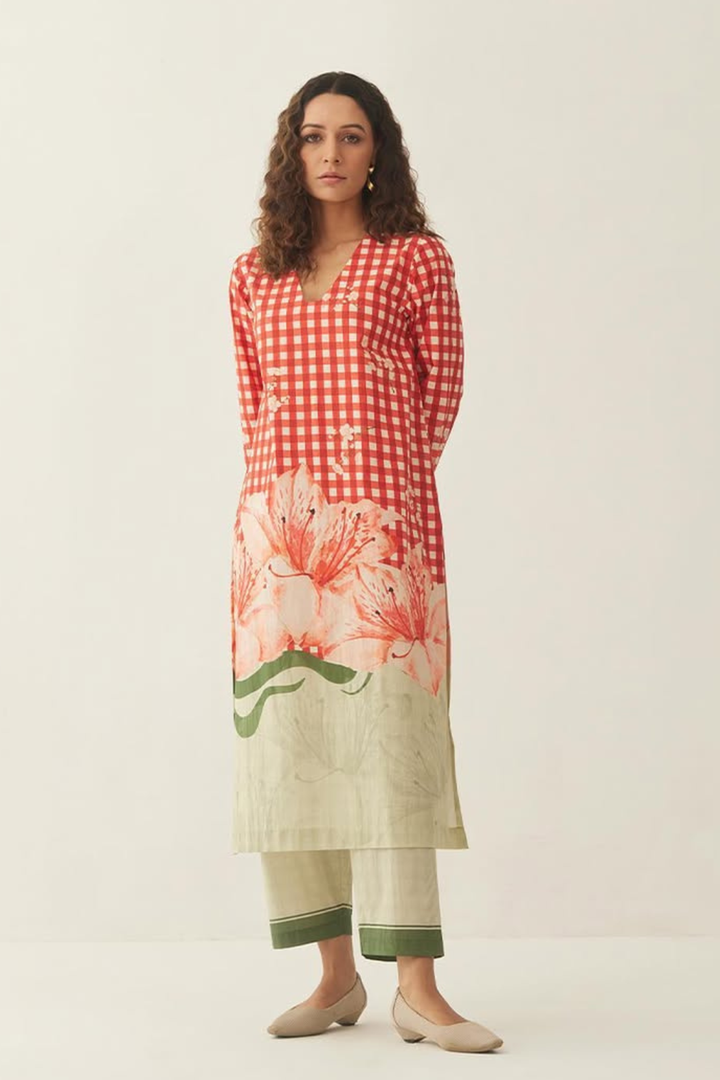 Red Cotton Gingham checks and floral mix co-ord set