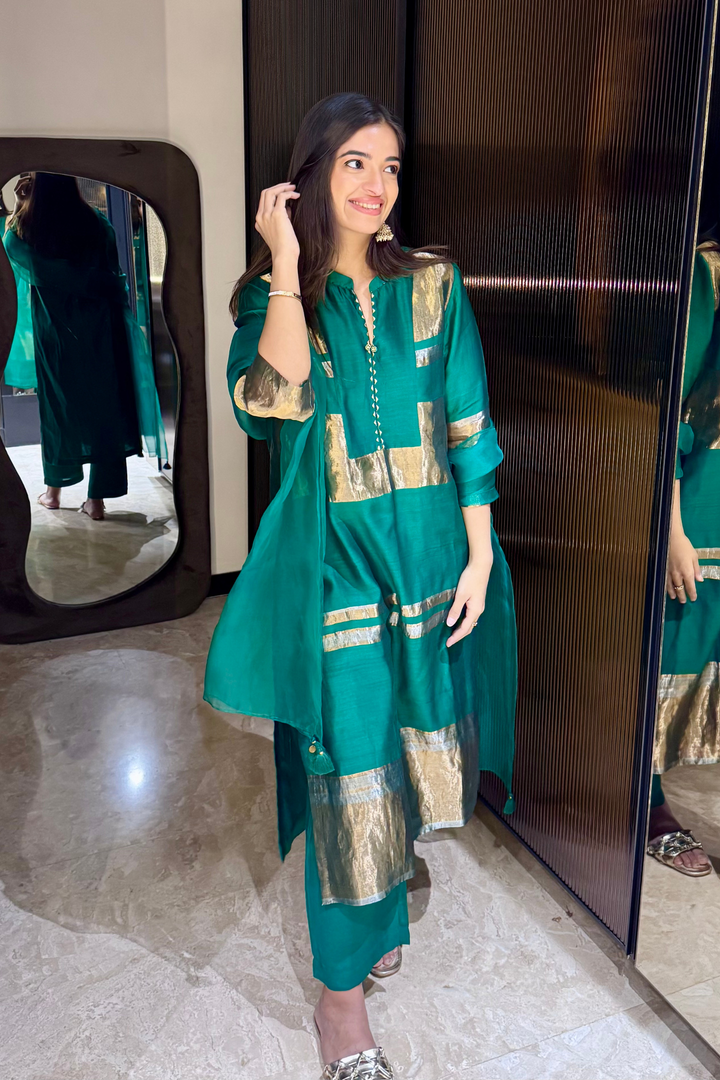 Mira: Silk stripe tissue straight kurta set - Emerald Green