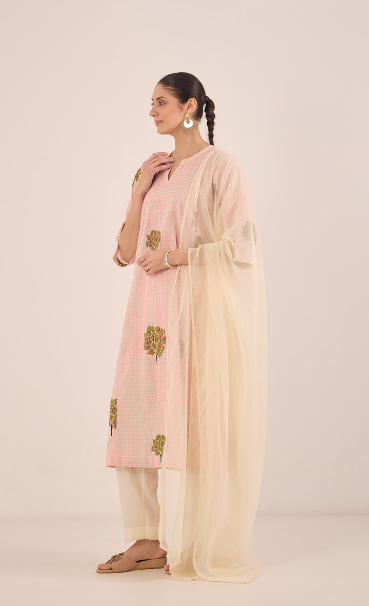 COTTON CHECK APPLE TREE KURTA SET - PINK