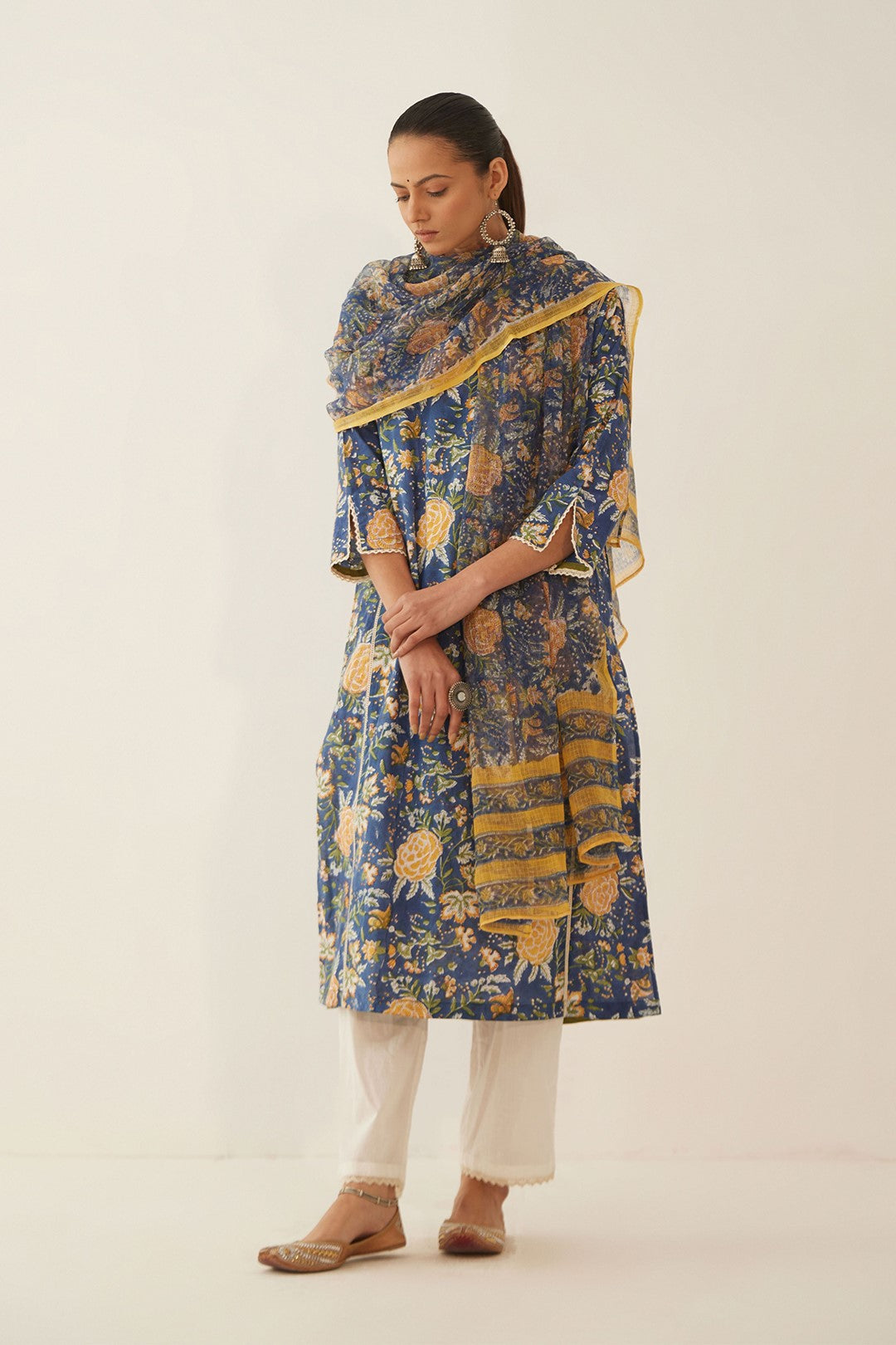 BLUE CHINTZ FLORAL COTTON KURTA