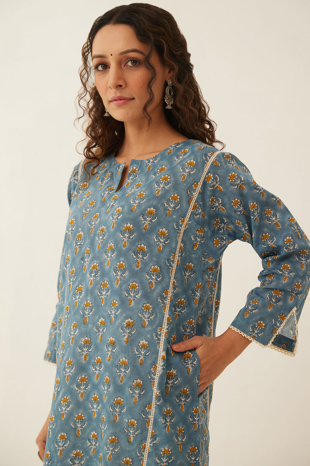 COBALT BLUE COTTON FLORAL KURTA WITH COTTON PANTS AND DUPATTA