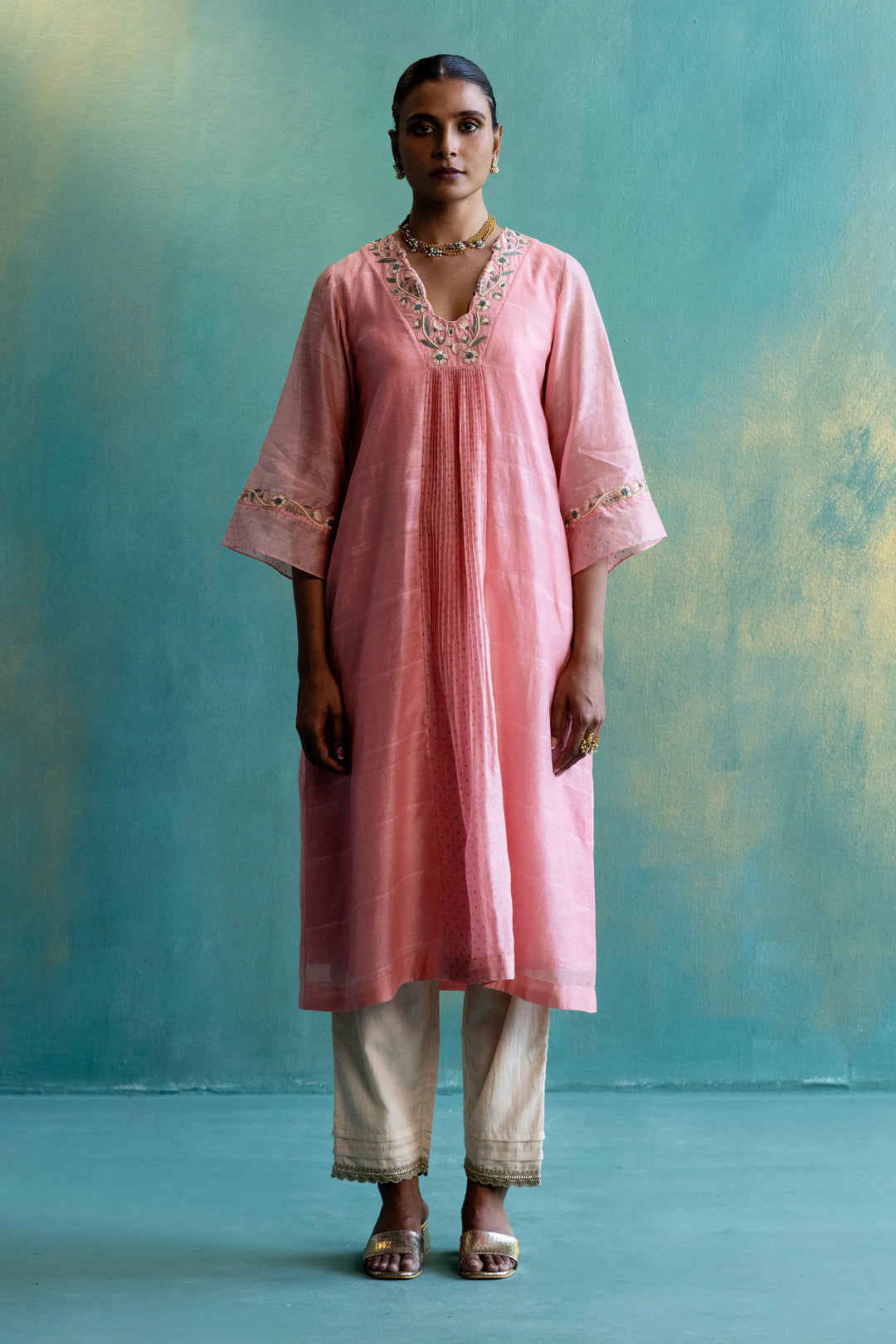 Dil-kash Old rose Chanderi V-neck Floral Cut-work embroidery with Gold Polka Kurta full set
