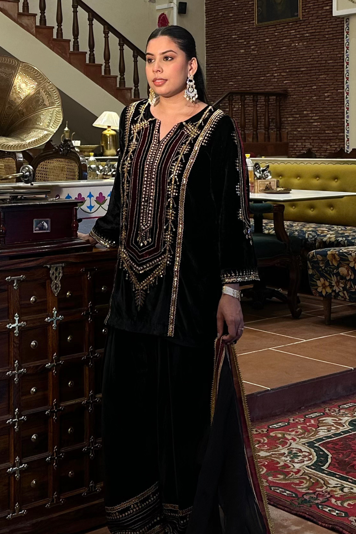 BLACK VELVET SHORT KURTA WITH FARSHI SALWAR SET