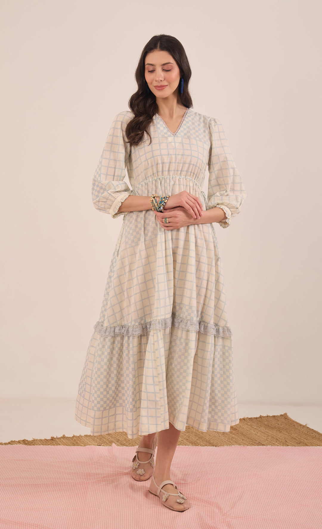 SHEEN: COTTON CHECK MIDI DRESS V-NECK