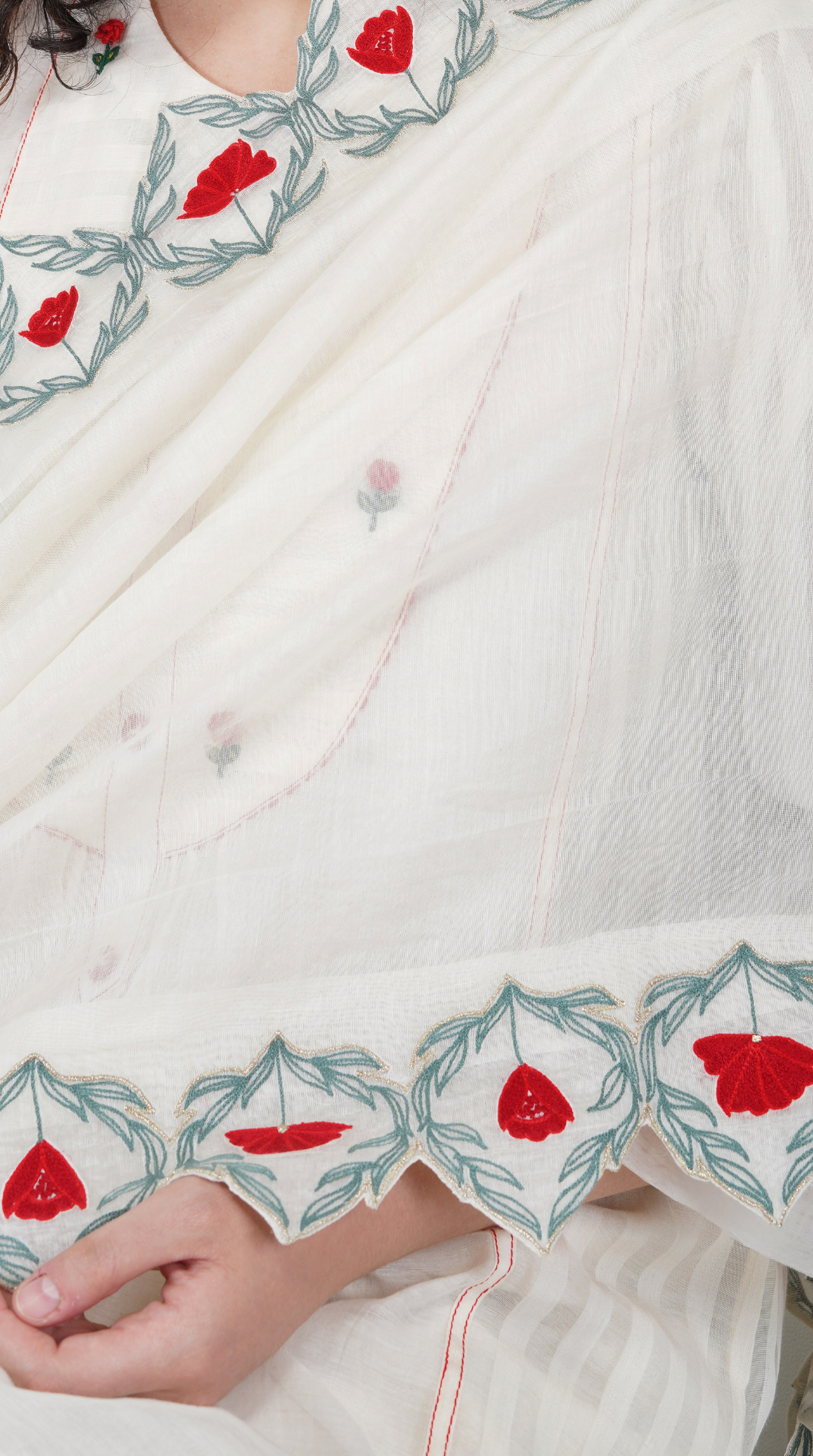 SAAWAN- CREAM CHANDERI ROSE YOK KURTA SET