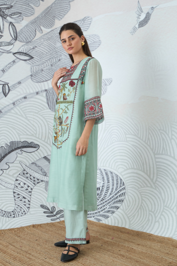 SAGE GREEN EMBROIDERY KURTA SET