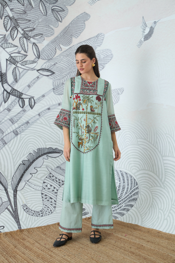 SAGE GREEN EMBROIDERY KURTA SET