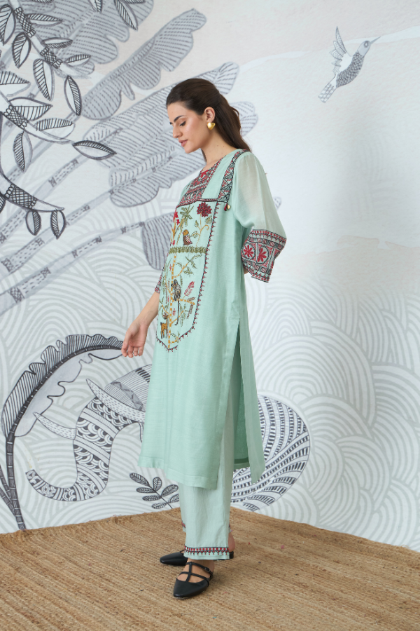 SAGE GREEN EMBROIDERY KURTA SET