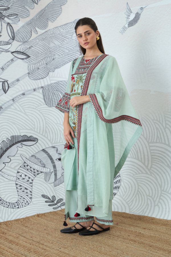 SAGE GREEN EMBROIDERY KURTA SET