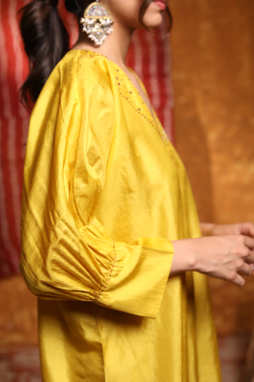 Mustard Silk V-Neck Cape with Tara Tribal motifs