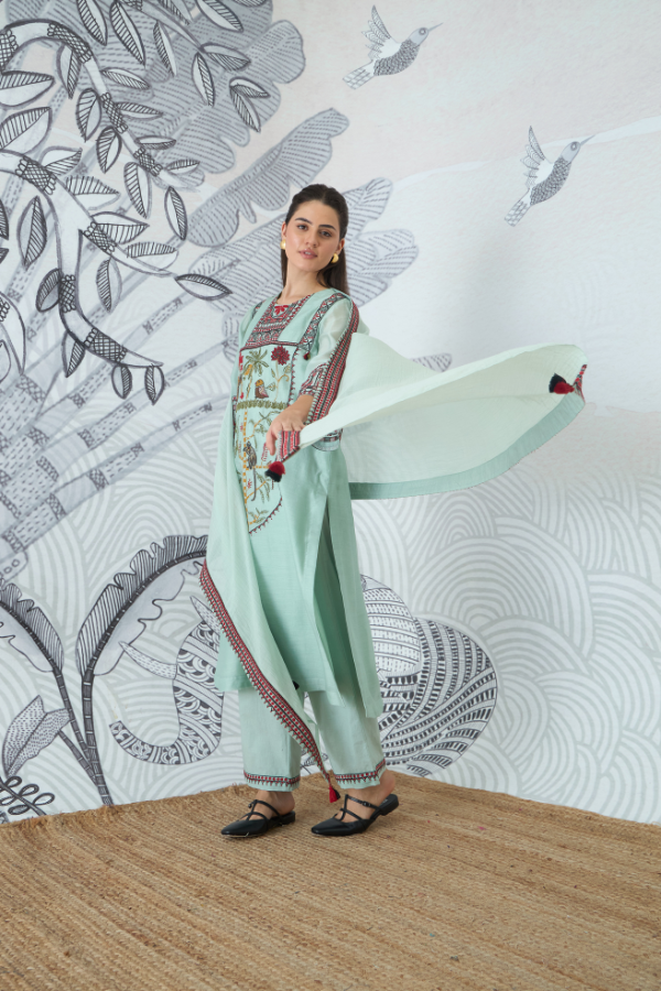 SAGE GREEN EMBROIDERY KURTA SET