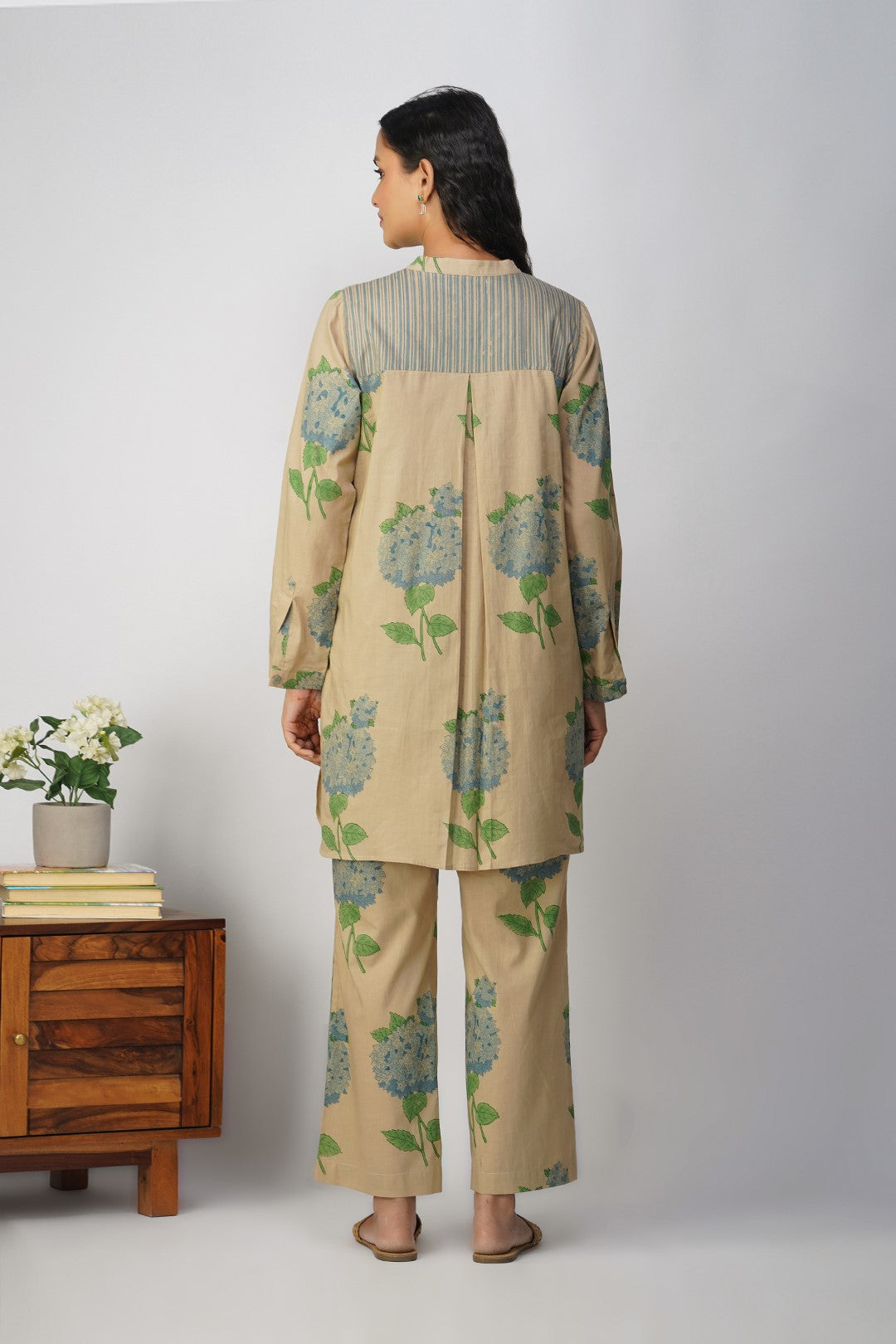 Blue Hydrangea Block Printed Tunic With Floral Pants